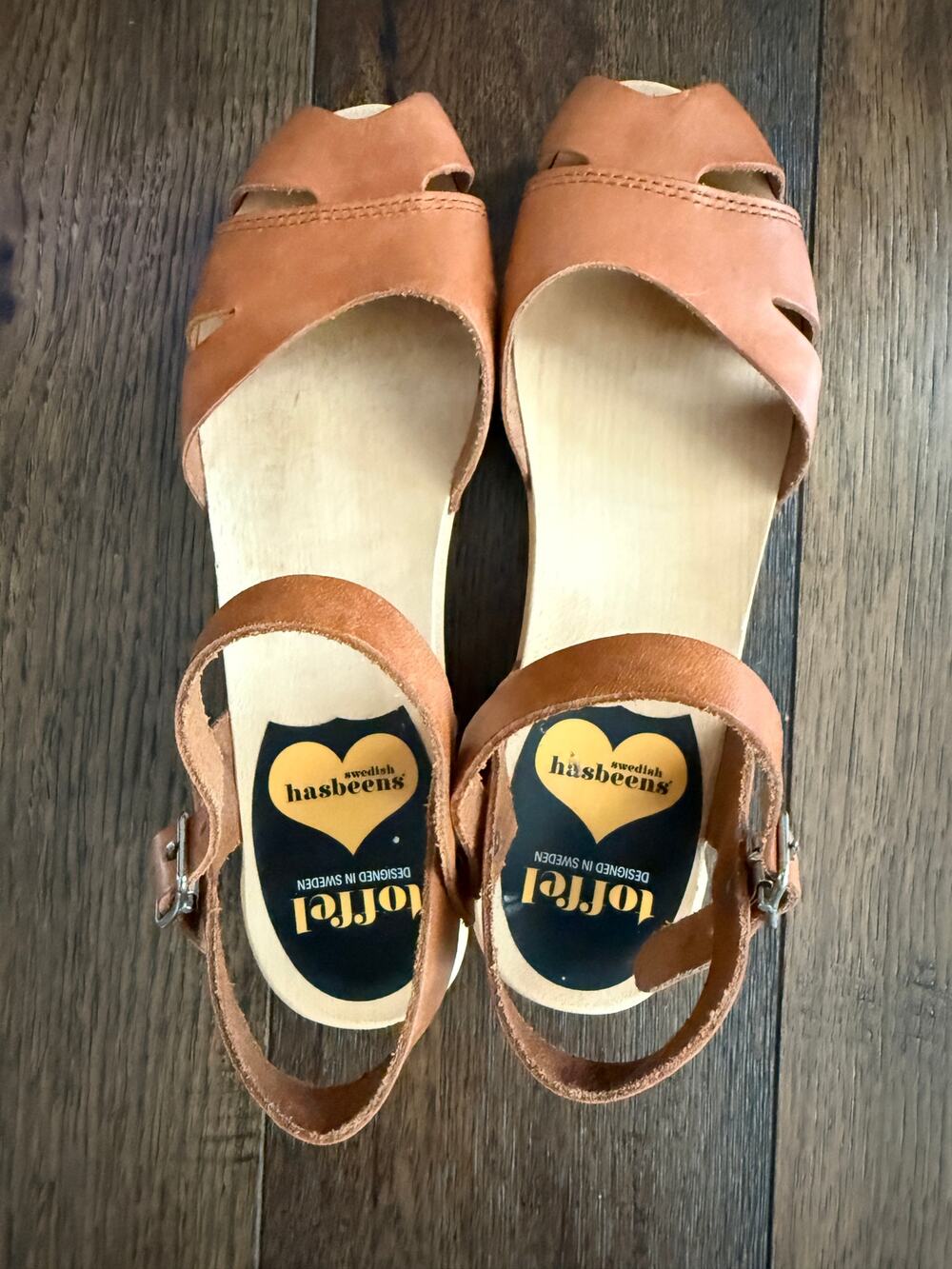 Swedish Hasbeens Peep Toe Clog Sandals 37 US 7 Tan Leather Wooden Heel Boho